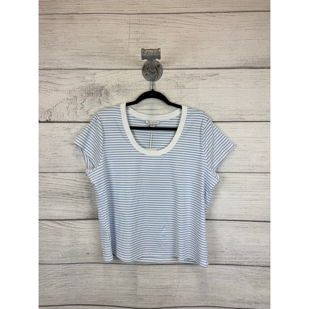 Free Assembly Plus Size White & Blue Striped Scoop Short Sleeve Tee Size XXL